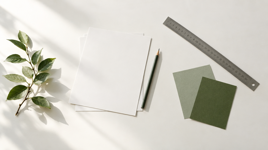 Paper, a pencil, a ruler, and green paper swatches on a light worktable.