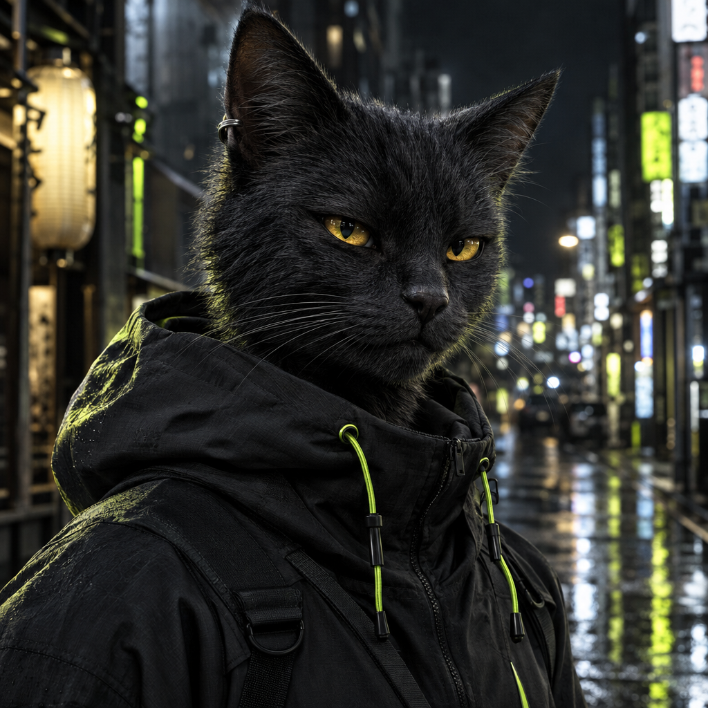 Demonstration artwork: a black cat avatar rendered as a cinematic character