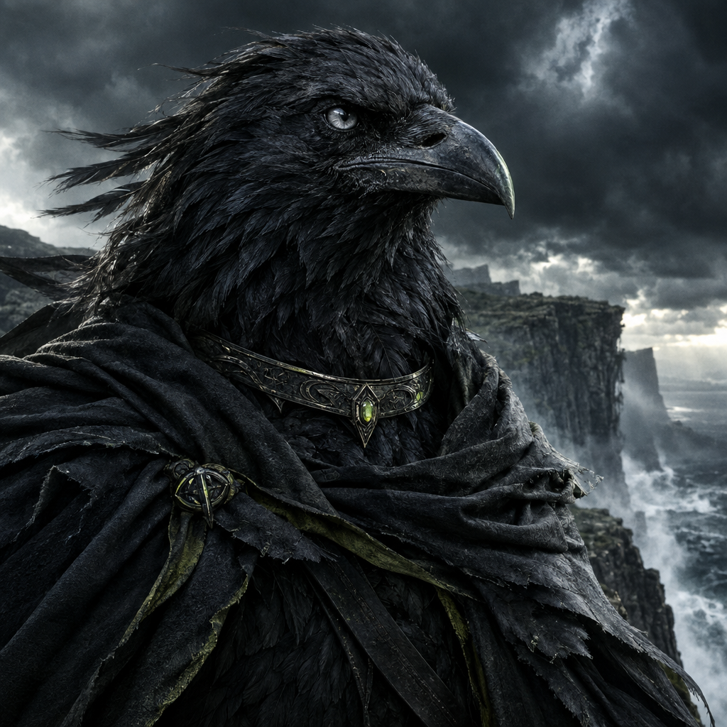 Demonstration artwork: a raven avatar rendered as a realistic mythic character