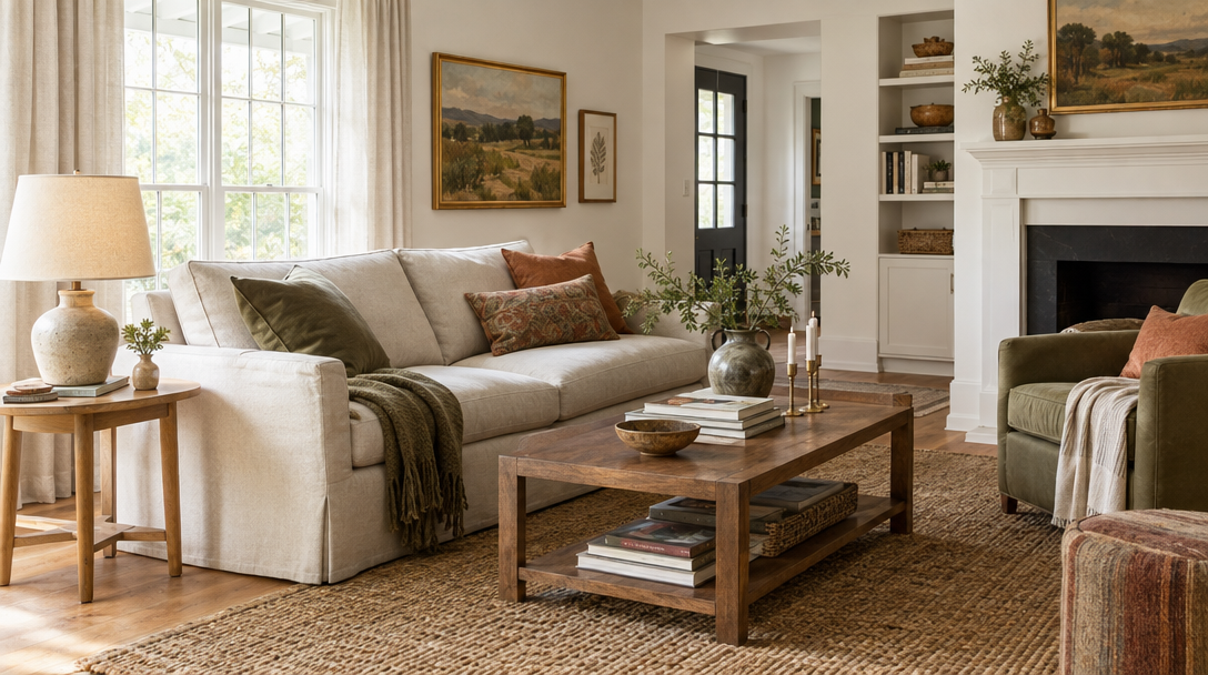 Living room arranged around a linen sofa, oak side table, ceramic lamp, and woven rug.