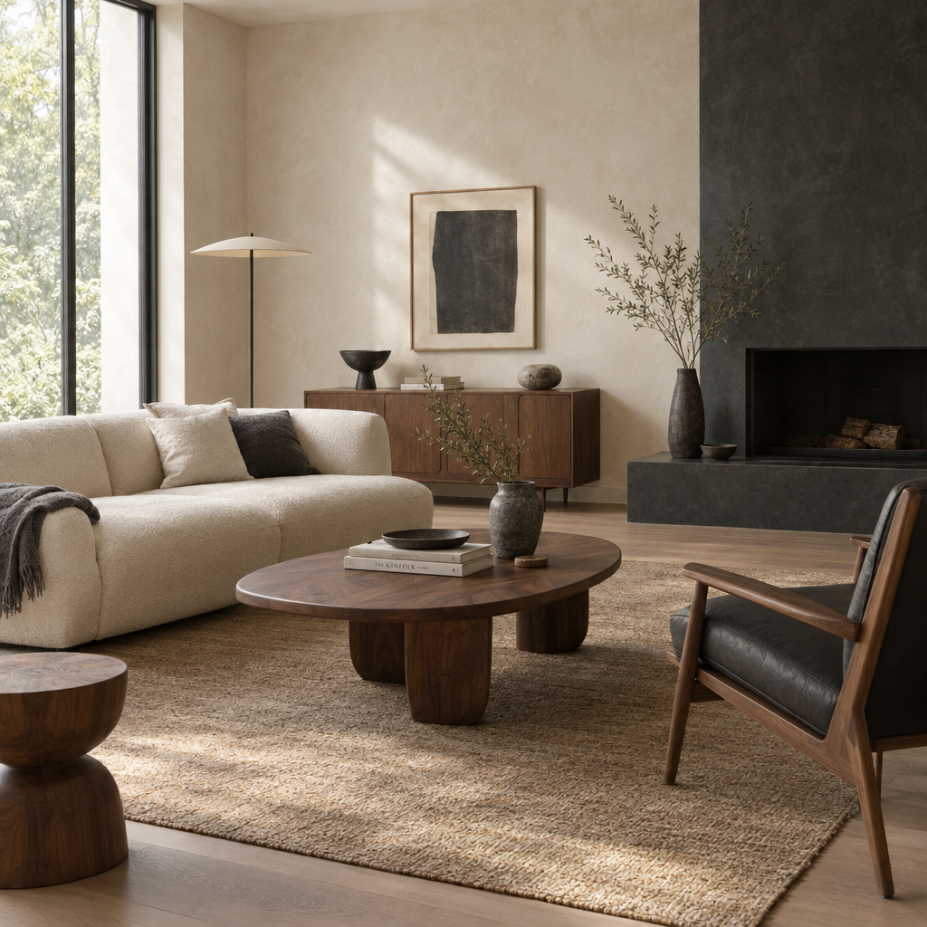 Quiet modern living room with a cream sofa and sculptural walnut furniture.