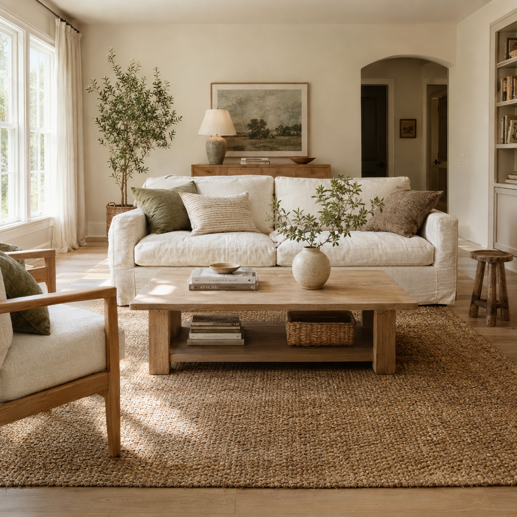 Living room with a linen sofa, oak furniture, woven rug, and greenery.