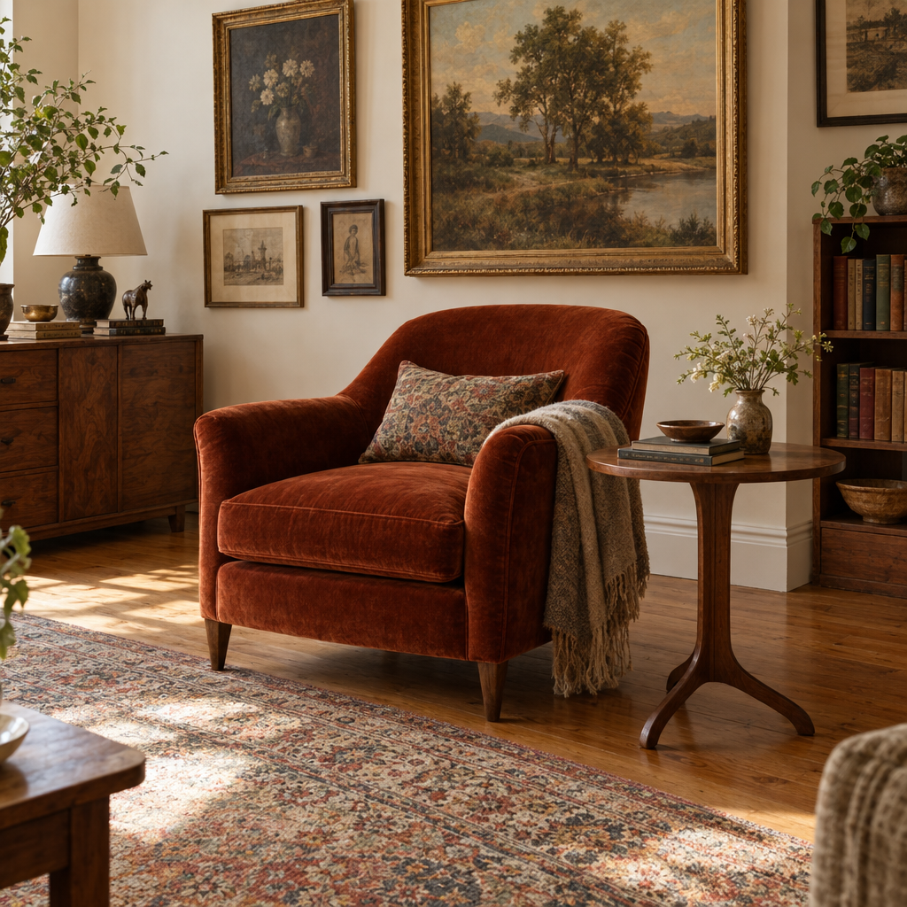 Collected living room with a rust velvet chair, walnut table, and patterned rug.