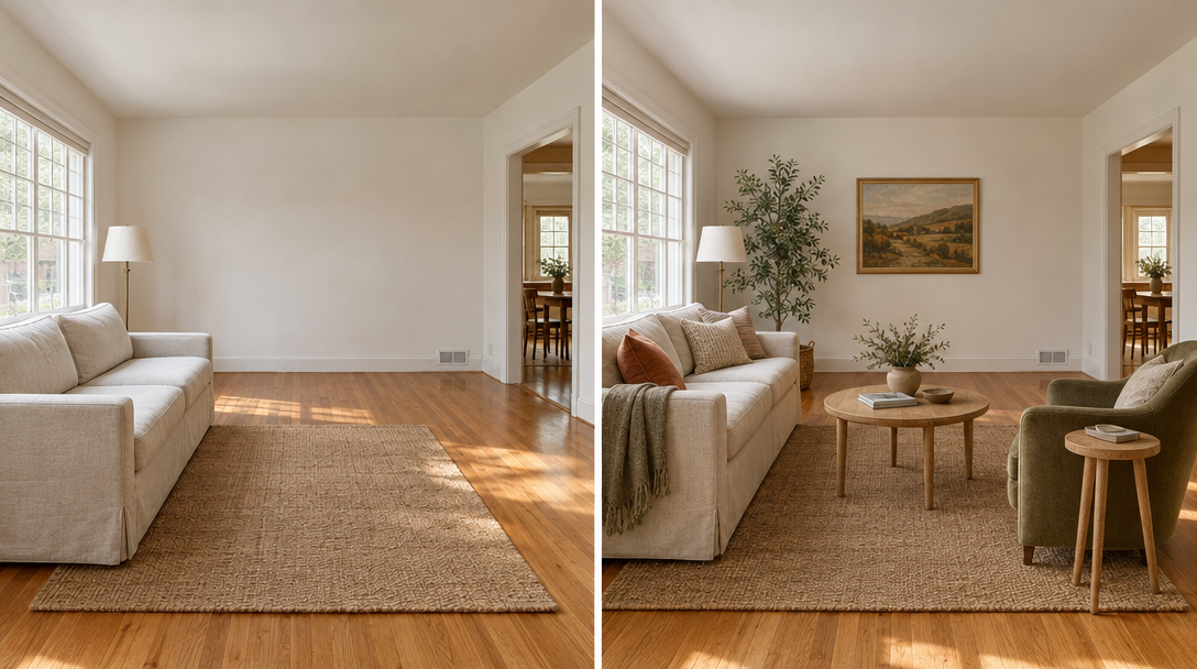 A living room shown first lightly furnished, then with an olive chair, oak table, linen cushions, and art.