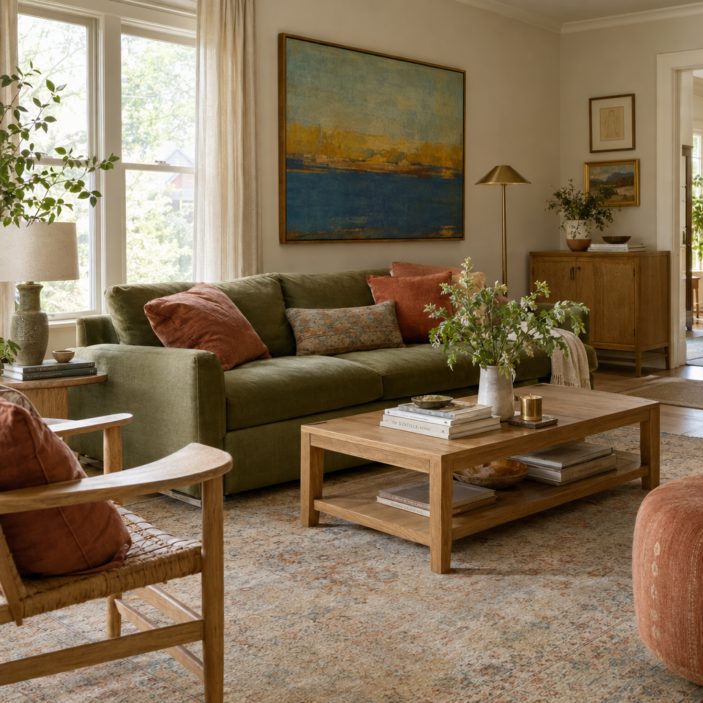 Living room with an olive sofa, terracotta cushions, oak, and colorful art.