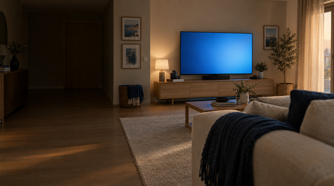 Sala de estar com uma televisão a emitir luz azul suave