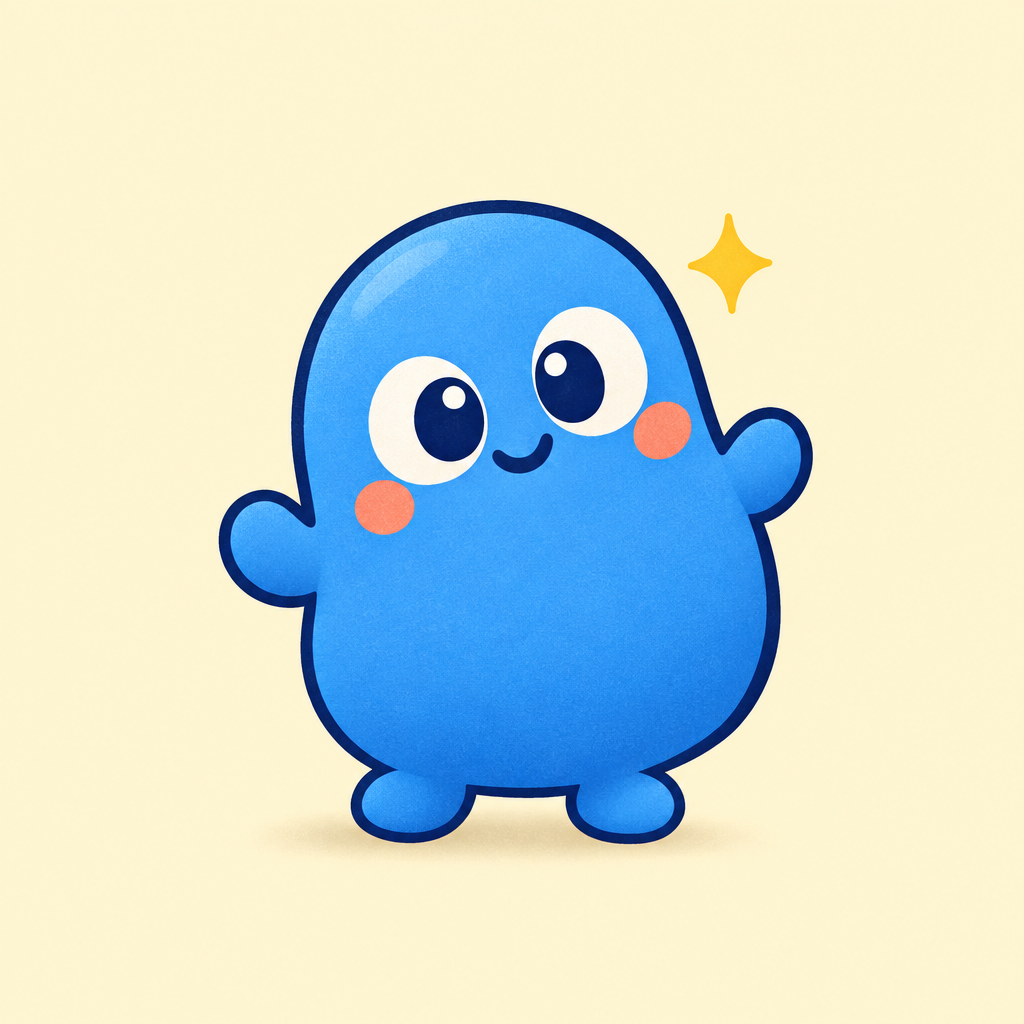 Wobblewink’s blue mascot with wide eyes, coral cheeks, and a yellow sparkle