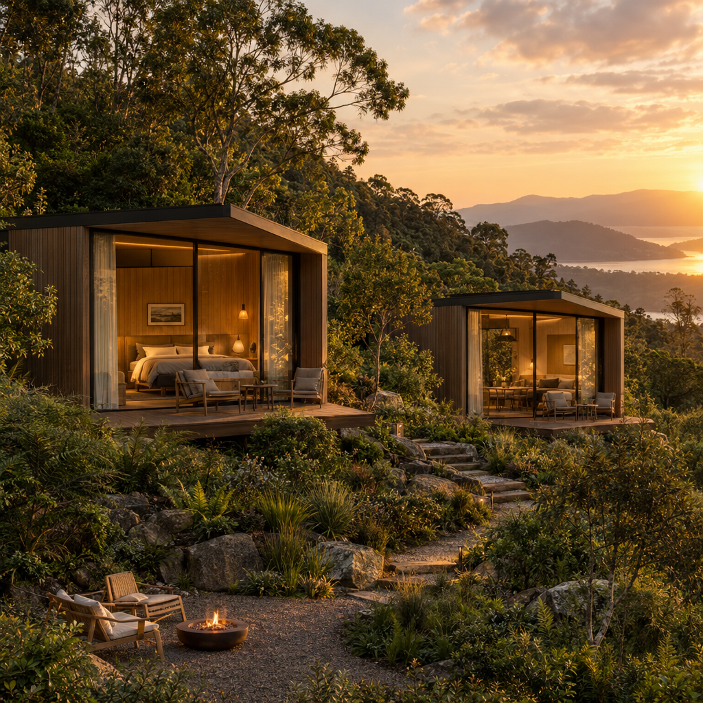 Illustrative concept of modular resort cabins in a green landscape.