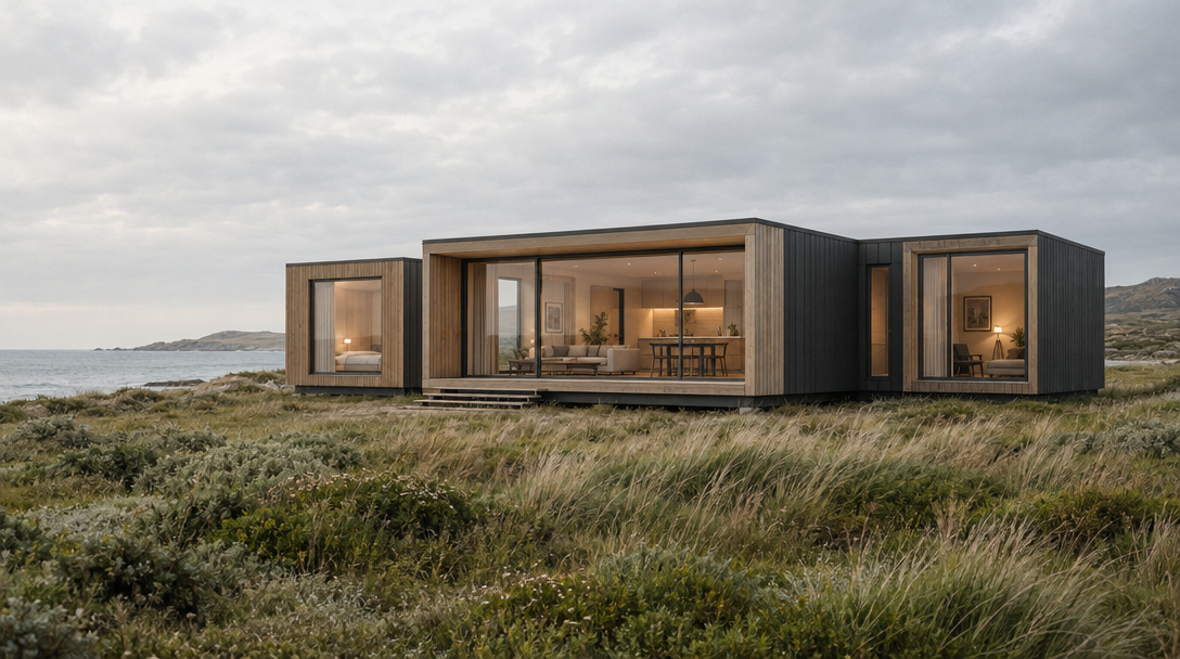 Illustrative concept of a contemporary modular home in a coastal meadow.