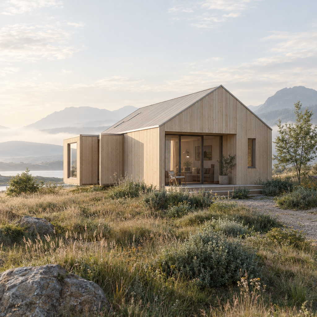 Illustrative concept of a compact prefab home in a meadow.
