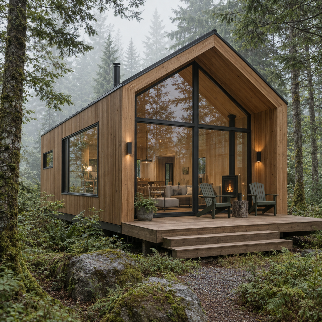 Illustrative concept of a timber cabin set among trees.