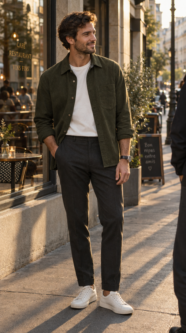 A man wearing an olive overshirt and tailored trousers before dinner with friends