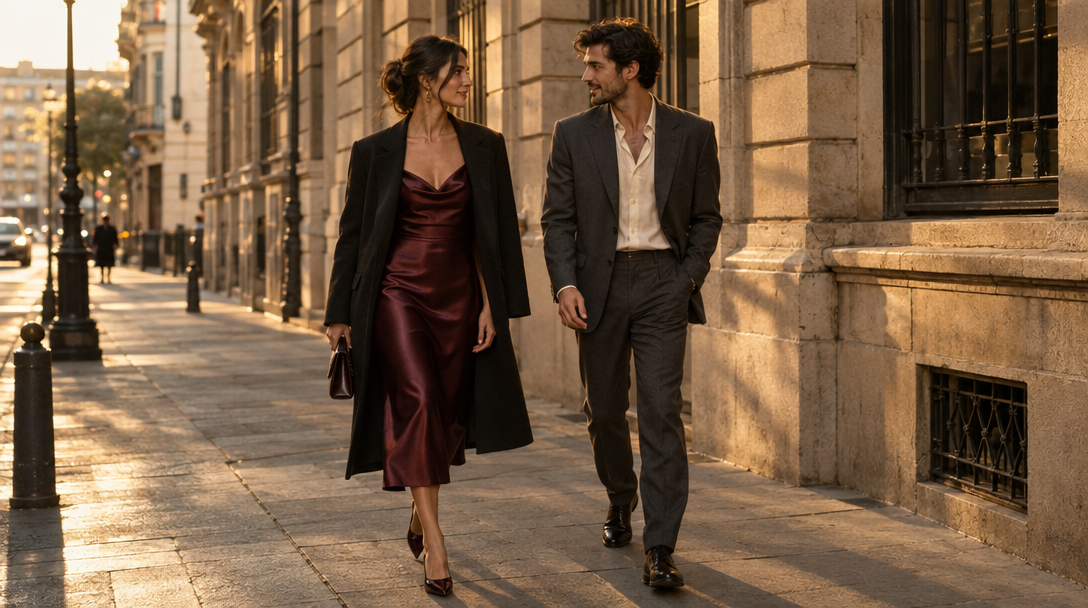 Two friends in occasion looks walking together on a city street at golden hour