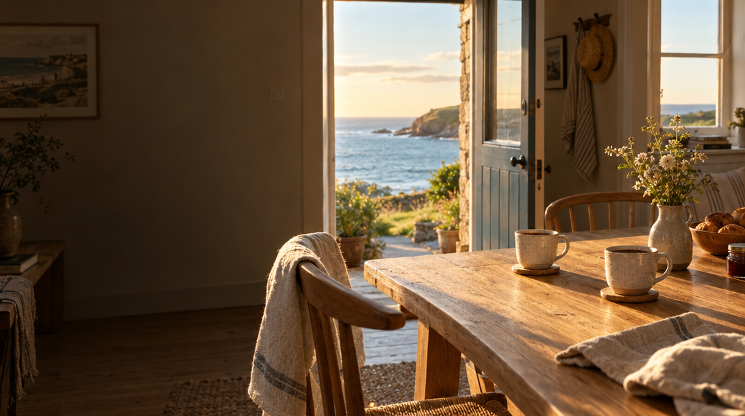 Coastal guesthouse interior with an open door looking out to the sea