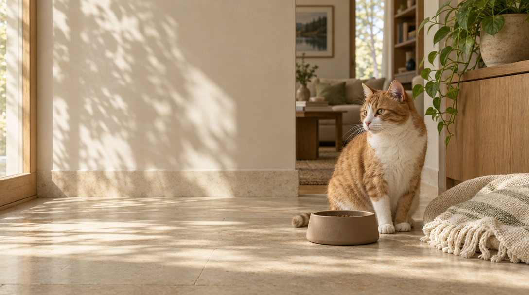 A ginger-and-white cat beside a clay bowl and folded blanket in a sunlit home.