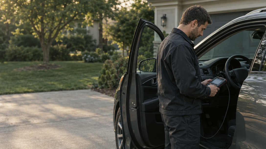 Illustrative scene of a technician using a handheld diagnostic scanner beside a parked car.