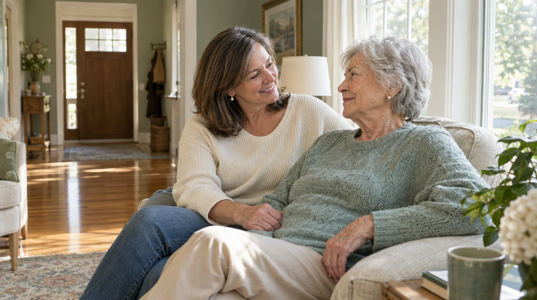 An older woman enjoying a relaxed moment at home with her adult daughter
