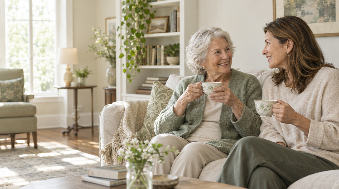 An older woman shares a warm moment at home with her companion.