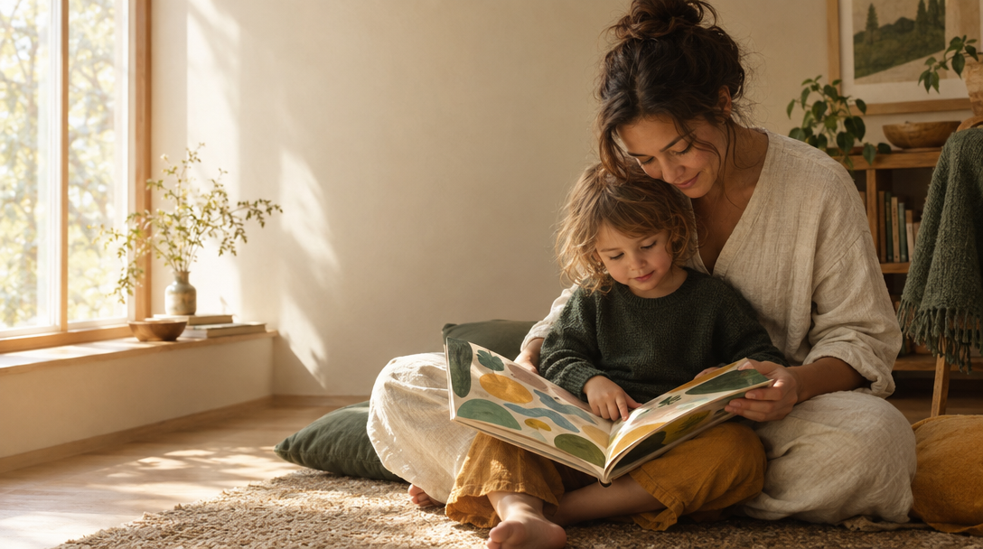 A caregiver and child sharing a picture book in the morning light.
