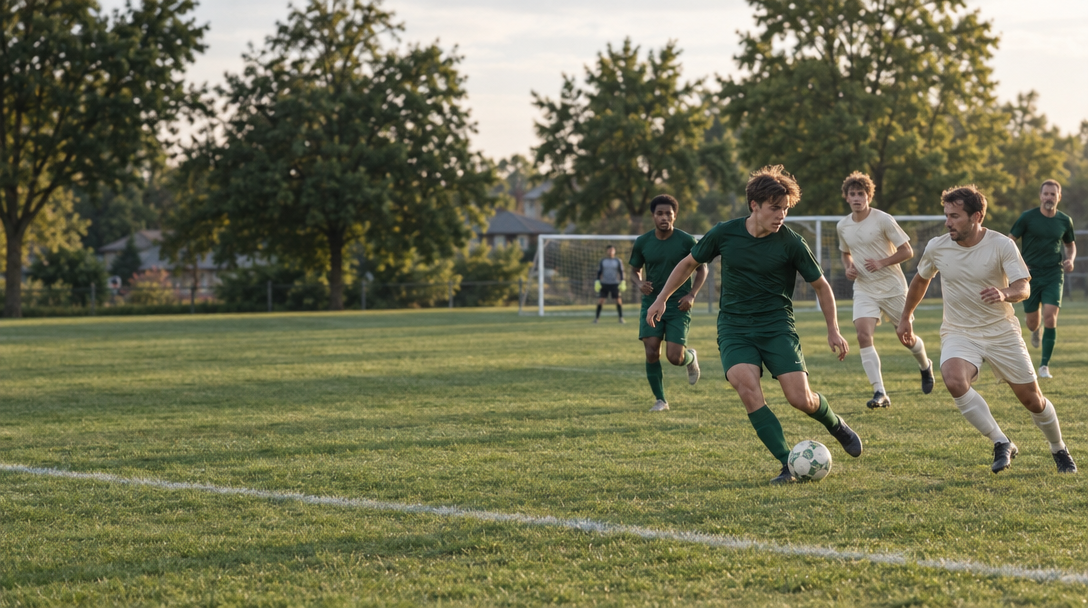 Community soccer players compete on a local park field