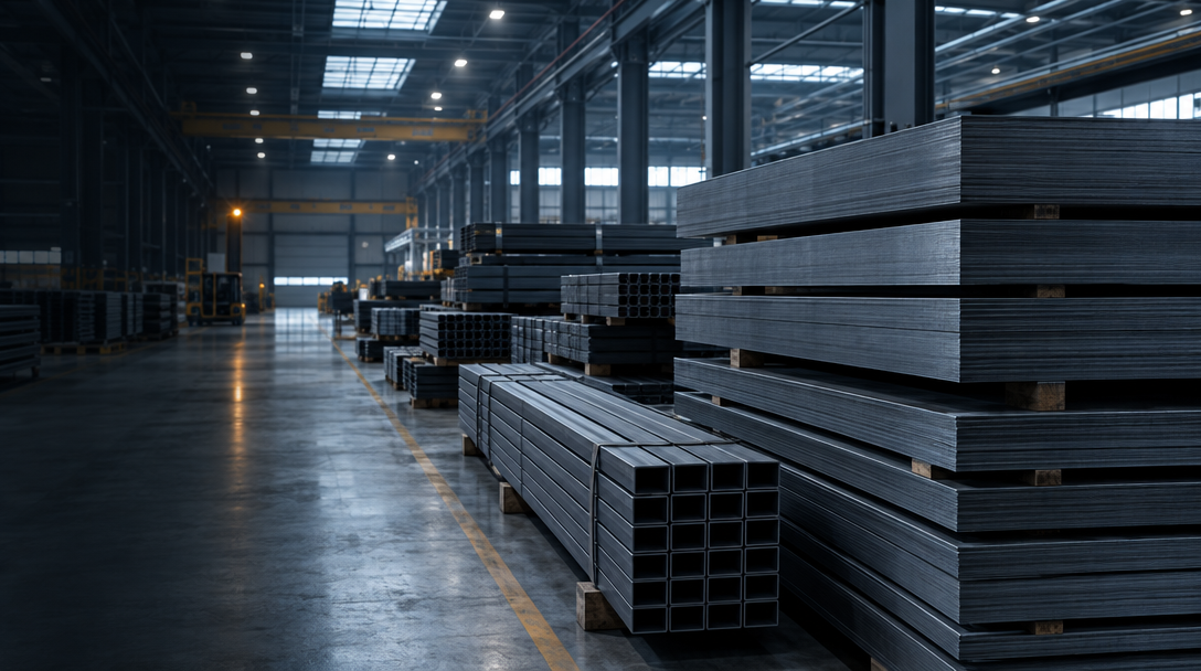 Steel products arranged in an industrial supply warehouse