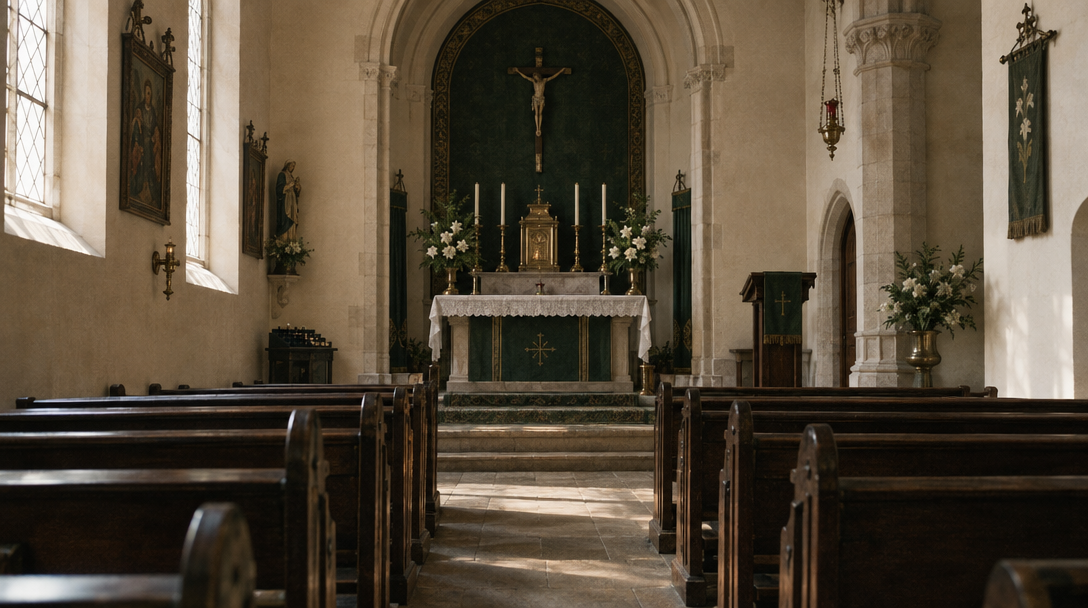 Sunlight falls across the empty pews of a quiet chapel.