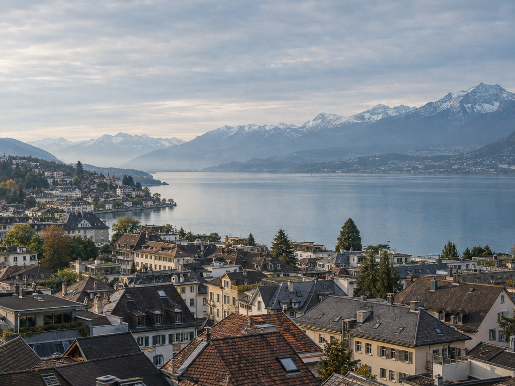 Vue éditoriale d’une ville suisse au bord d’un lac, avec les Alpes à l’horizon.