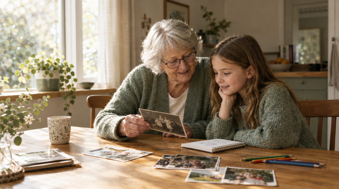 A grandparent and grandchild sharing old photographs at the kitchen table