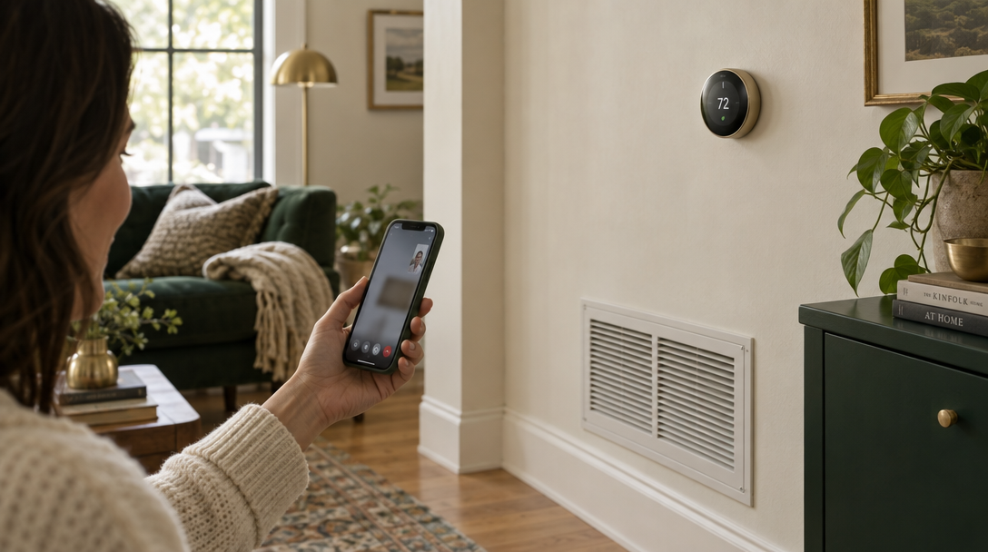 A homeowner holds a phone beside an indoor thermostat.