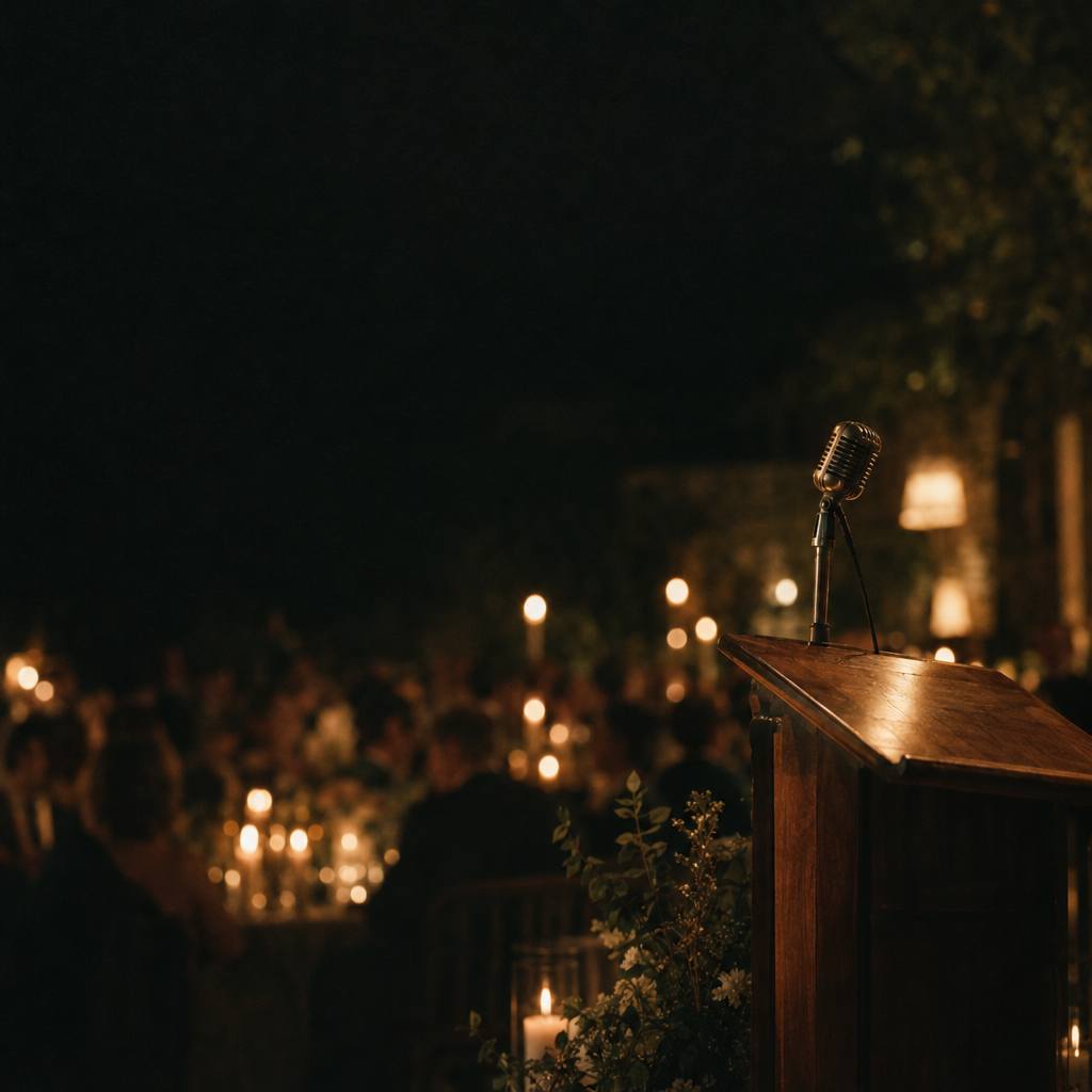 A softly lit reception with a microphone ready for a speech