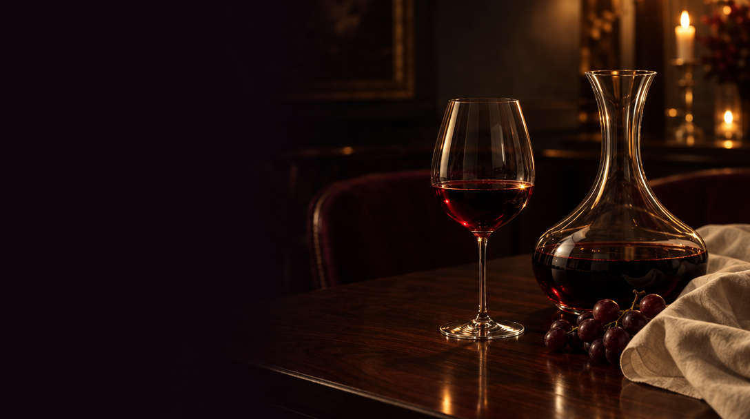 A glass of red wine and crystal decanter on a candlelit walnut table