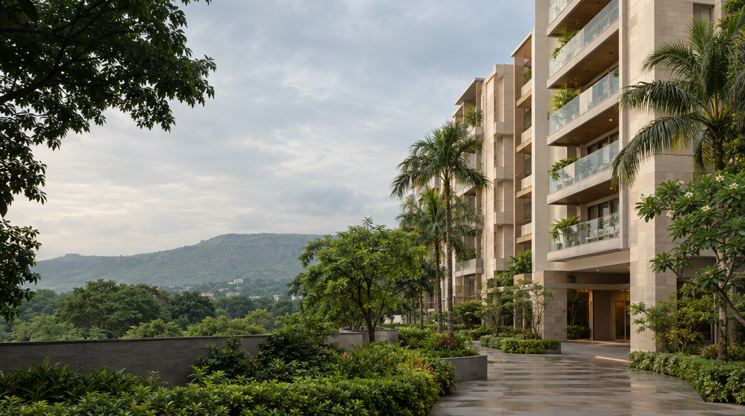 Contemporary apartment residence framed by mature green trees