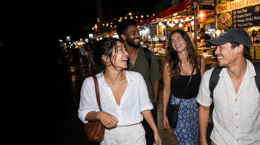 Friends sharing a laugh while exploring a neighborhood night market