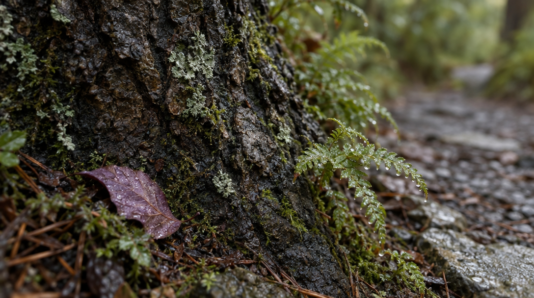Rain beads on tree bark beside a fallen leaf and small fern tips.