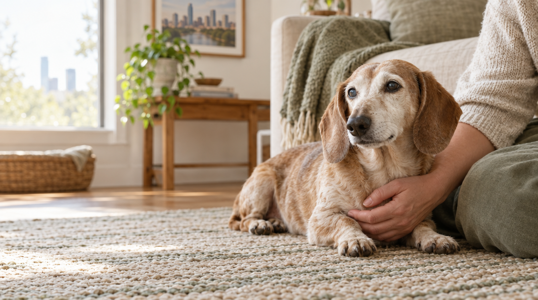 A senior dachshund resting comfortably in a warm, quiet home.
