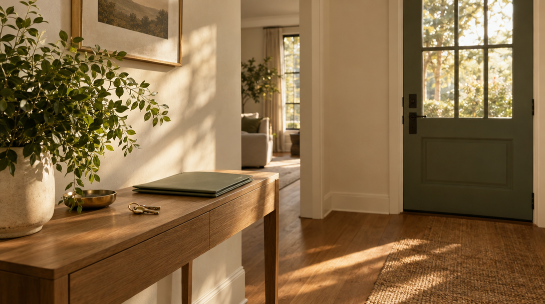 A sunlit home entryway with a set of keys on a console