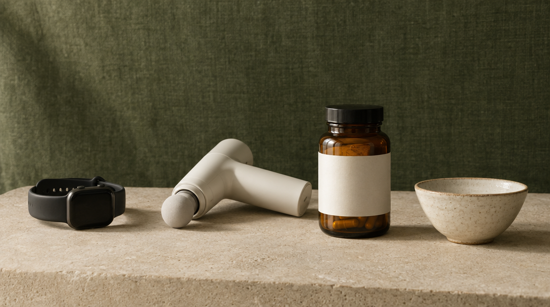 A white recovery tool and amber glass bottle on a stone surface in natural light
