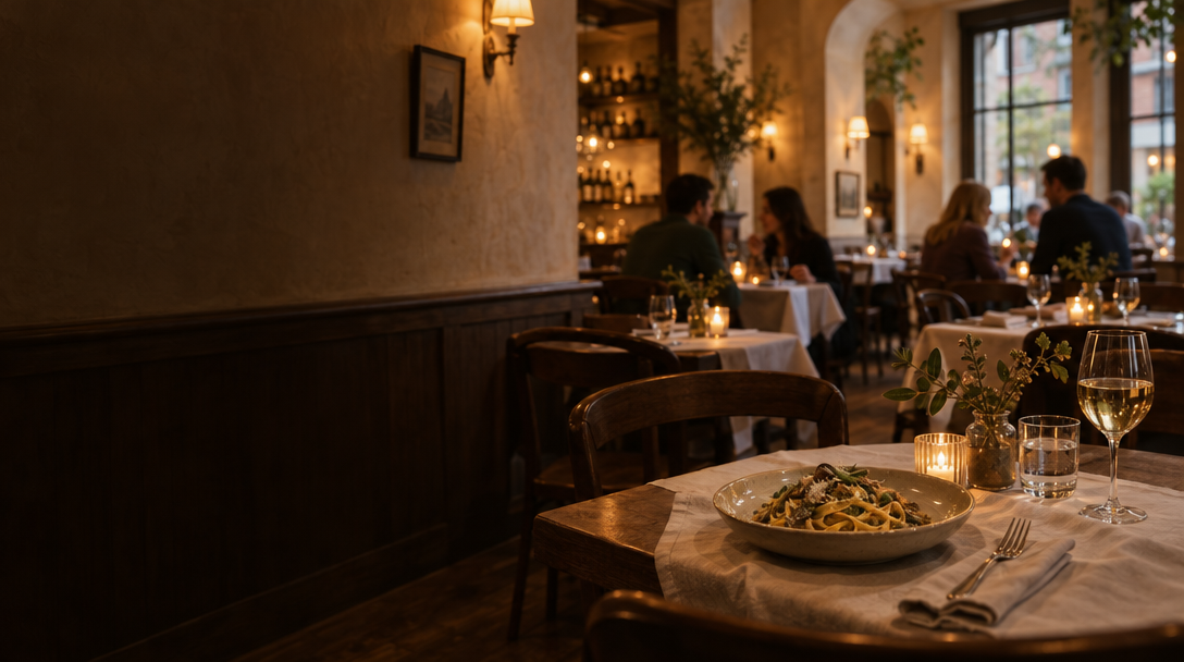 A warmly lit neighborhood restaurant ready for dinner service