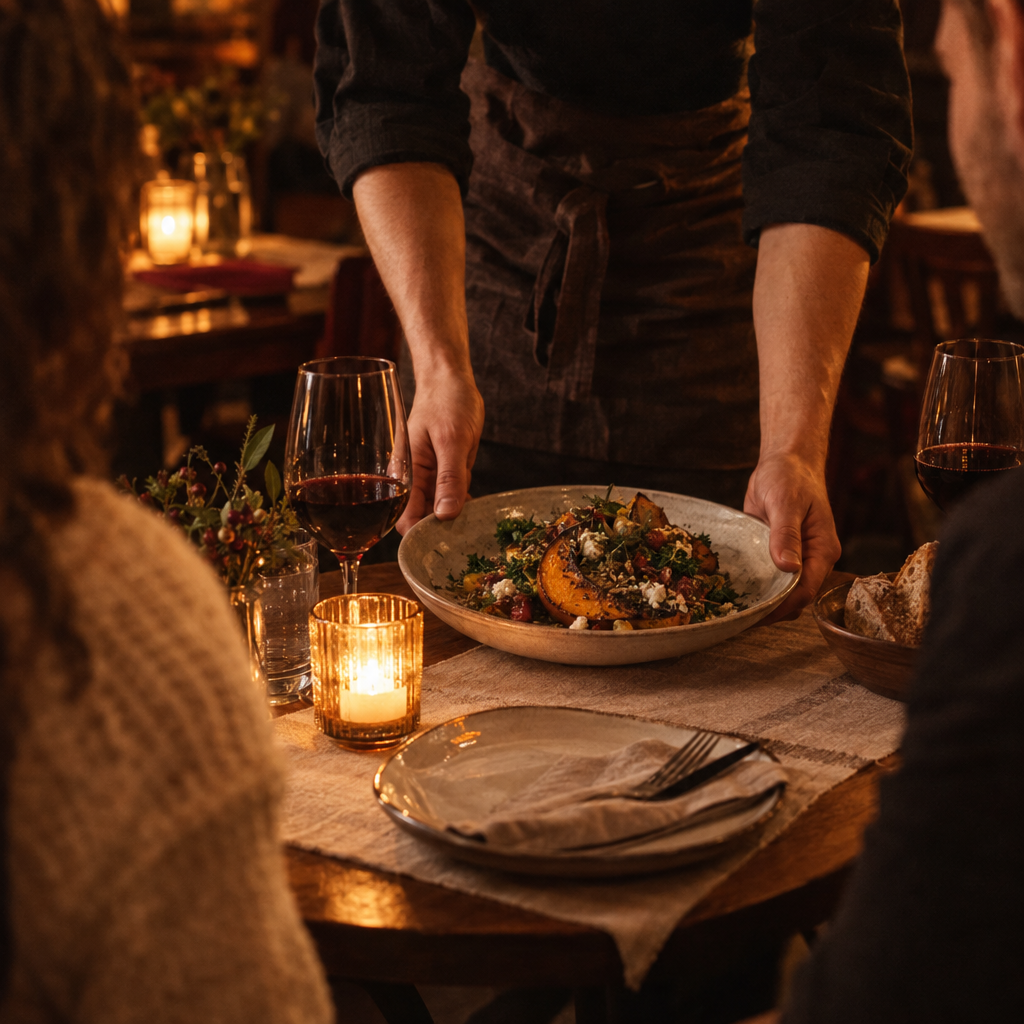 A dish being set on a restaurant table