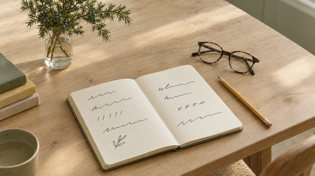 A notebook, pencil, reading glasses and a sprig of juniper on a sunlit wooden table