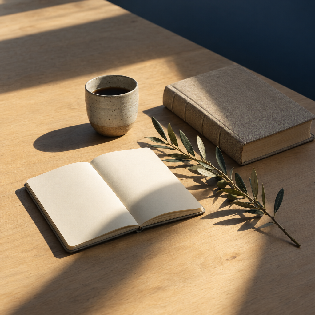 A journal, Bible, and olive branch in early morning light.
