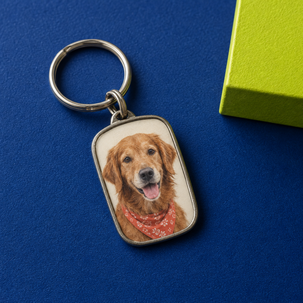 A dog portrait arranged as a keychain-shaped keepsake on a bright blue surface.