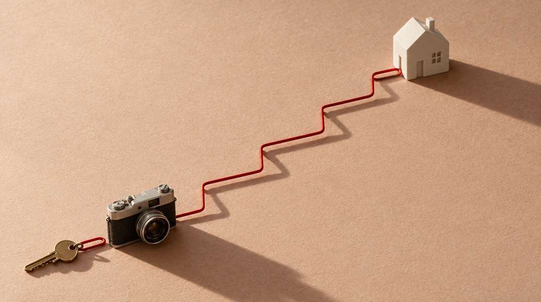 A red paperclip forms a rising path from a camera and key toward a small white house.
