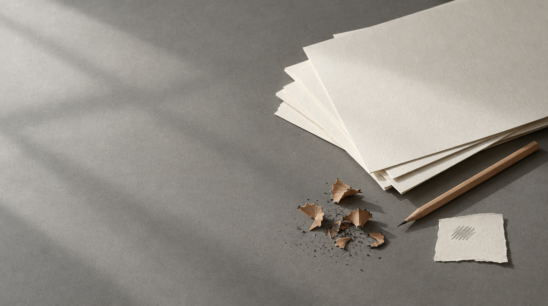 Loose paper and a pencil arranged on a grey surface