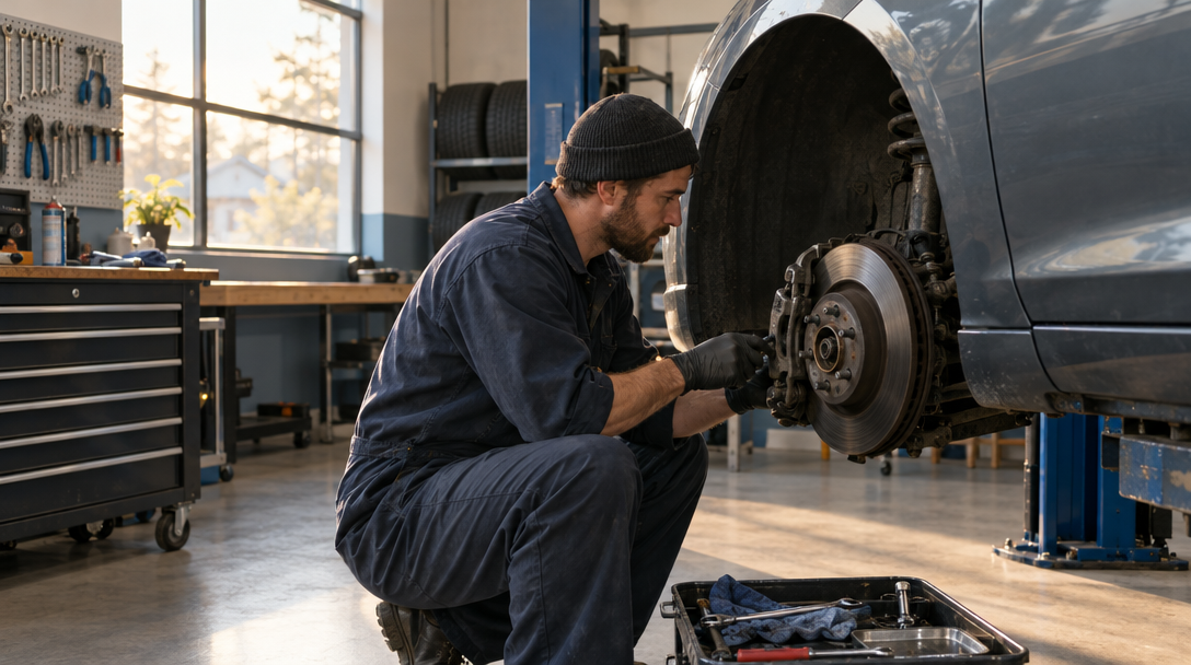 A mechanic inspecting a vehicle's brake assembly in an auto repair bay.