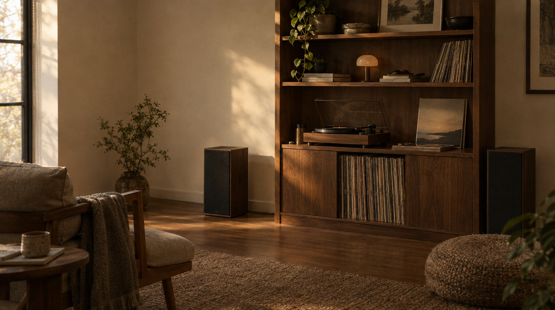 A warm, quiet listening room with a turntable, speakers, and walnut shelving