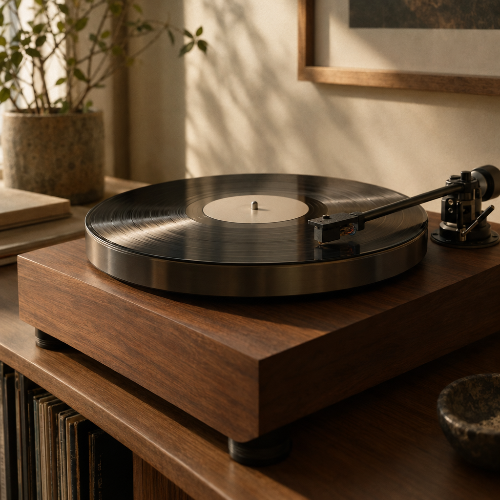 A close view of a vinyl record on a walnut turntable