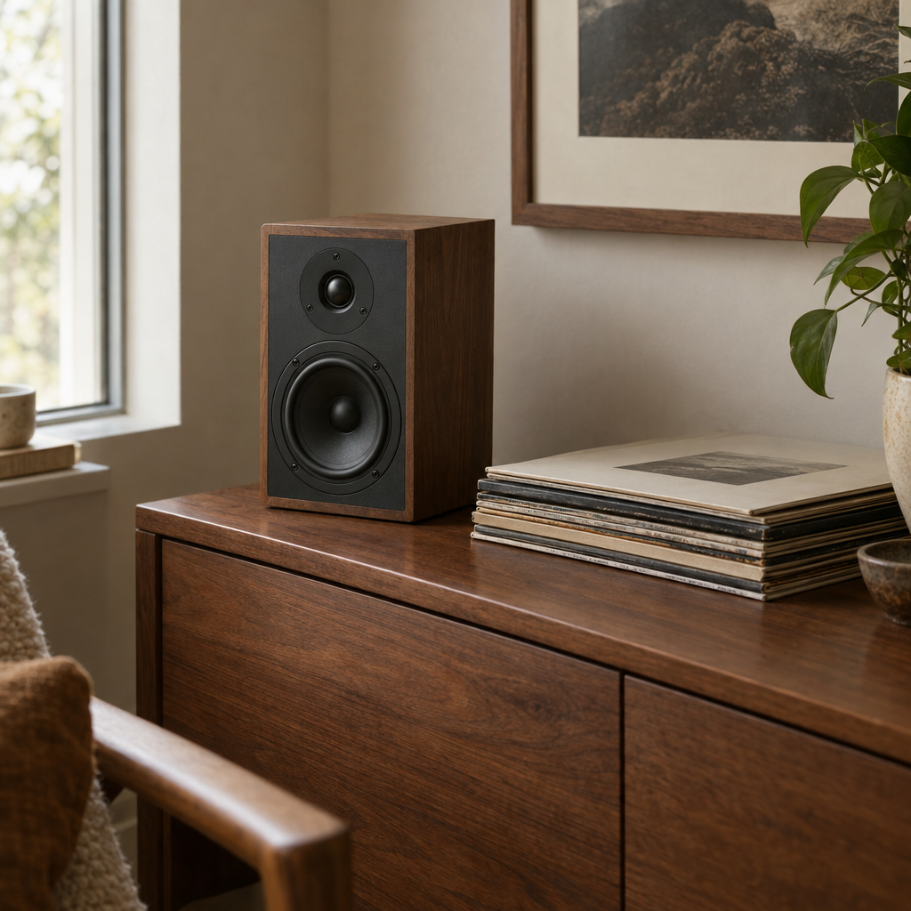 A bookshelf speaker in a warm home listening space
