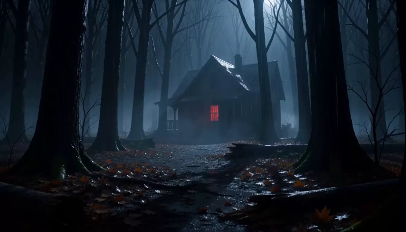 A rain-soaked Halloween forest leading toward a house with a red-lit window.