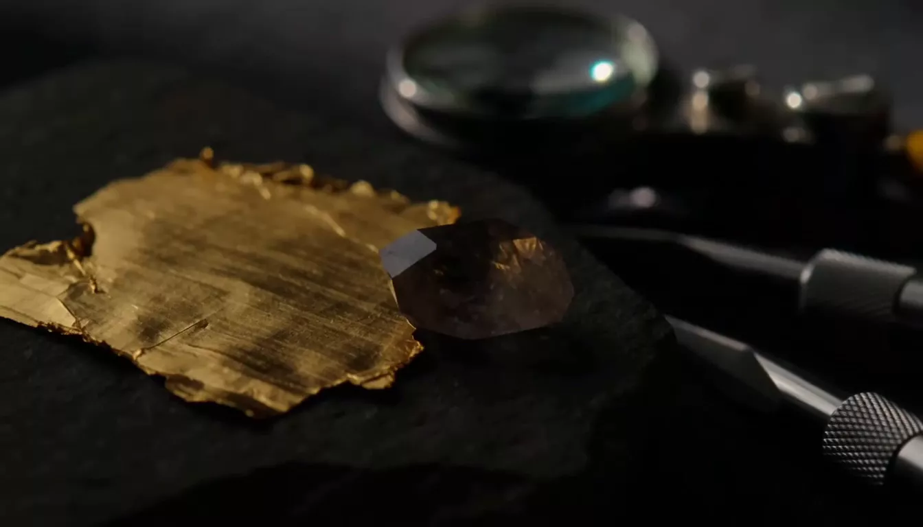 Brushed gold leaf and a smoky quartz crystal on charcoal stone, lit in a quiet atelier